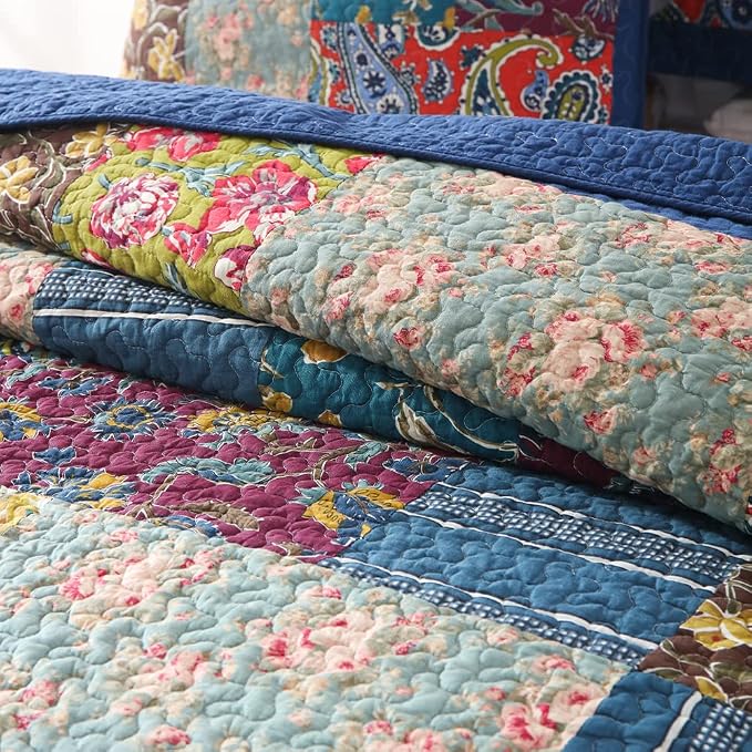 VISIMISI Cotton Bedspread Quilt Sets Reversible Bedding Coverlet Sets 3 Pieces Patchwork Blue Vintage Floral Paisley Bedspread, Queen Size