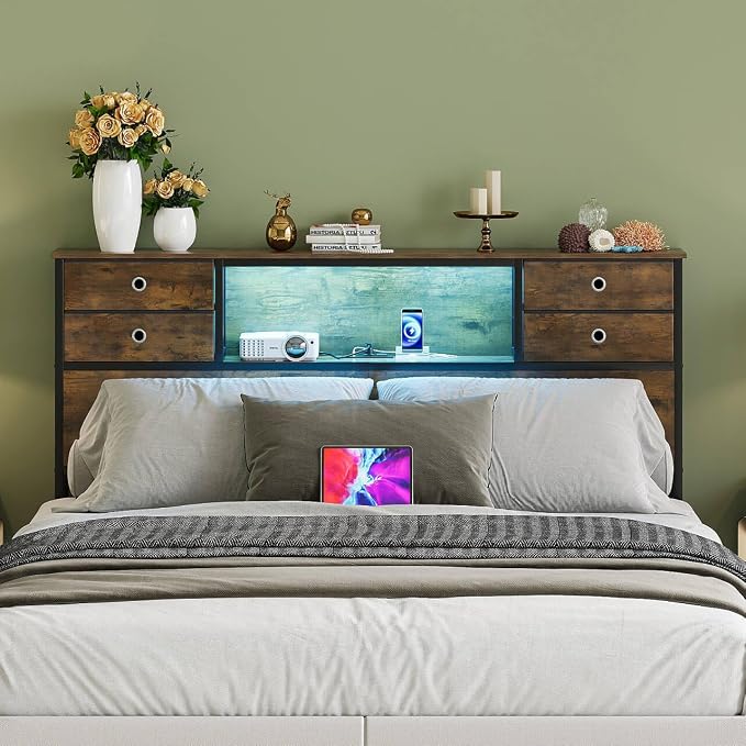 GiftGo Queen Size Headboard with 4 Fabric Storage Drawers Charging Station LED Light Adjustable Height Storage Rack Sturdy and Stable Metal Frame & Wood Shelf (Rustic Brown, Queen (U.S. Standard))