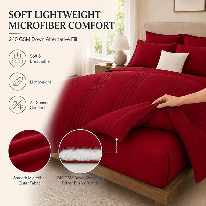 King Size Comforter Set Red - 7 Pieces Complete Bedding Set | OEKO-TEX Certified, All Season, 240GSM Down-Alternative Comforter, Sheets, Pillowcases & Shams, 14" Deep Pocket, Easy Care