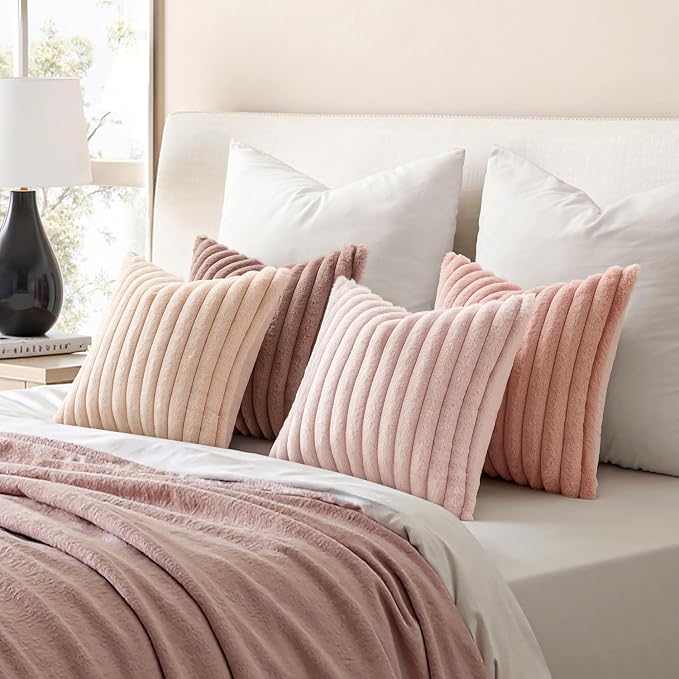 MIULEE Faux Fur Plush Decorative Throw Pillow Covers 18x18, Pink | Set of 4, Striped, Soft Cute Romantic Modern Home Decor, Cushion Cases for Sofa Couch Bed Living Room