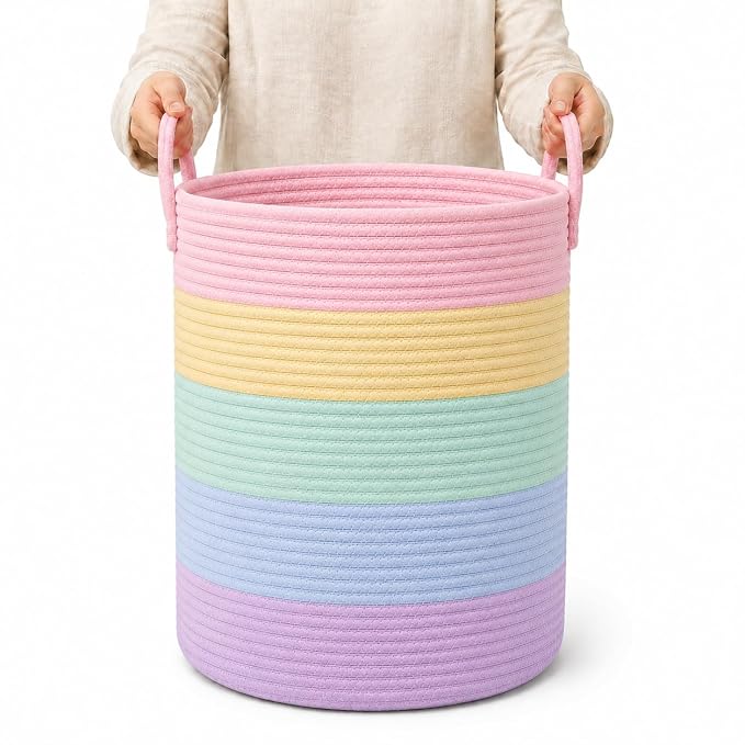 OrganiHaus Rainbow Laundry Basket & Hamper, Nursery Playroom 52L | Rainbow Pastel - Rainbow Cotton Rope Hamper, Nursery 52L