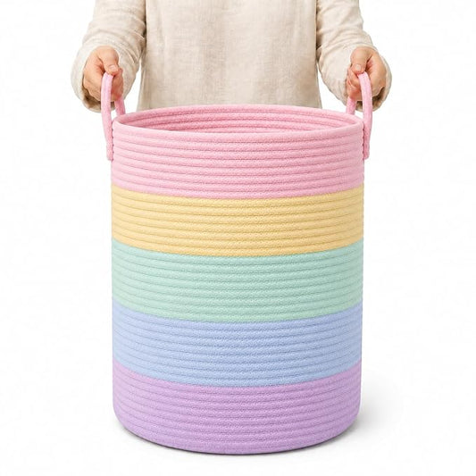 OrganiHaus Rainbow Laundry Basket & Hamper, Nursery Playroom 52L | Rainbow Pastel - Rainbow Cotton Rope Hamper, Nursery 52L