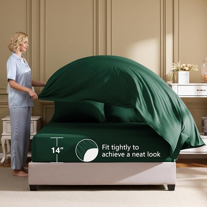 HIMEET Full Comforter Set, 7-Piece Point-Quilted Bed in a Bag Emerald Green | OEKO-TEX Certified, Lightweight 240 GSM Comforter, Flat Sheet, 14-Inch Deep-Pocket Fitted Sheet, Pillowcases & Shams