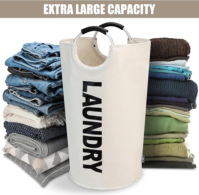 DOKEHOM 125L X-Large Laundry Basket Bag, Collapsible Tall Hamper, Beige | Freestanding tall washing bin & foldable laundry bag. Extra large clothes storage basket with durable sturdy handles