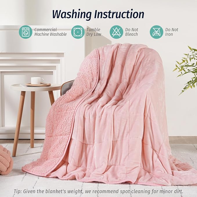 Sherpa Fleece Weighted Blanket for Adult 15 lbs King 80"x87" Pink | Boost Sleep Quality, Relax Body & Mind, Dual Sided Cozy Fluffy Heavy Blanket, Plush Flannel Top, Chunky Fluffy, Warm Hug