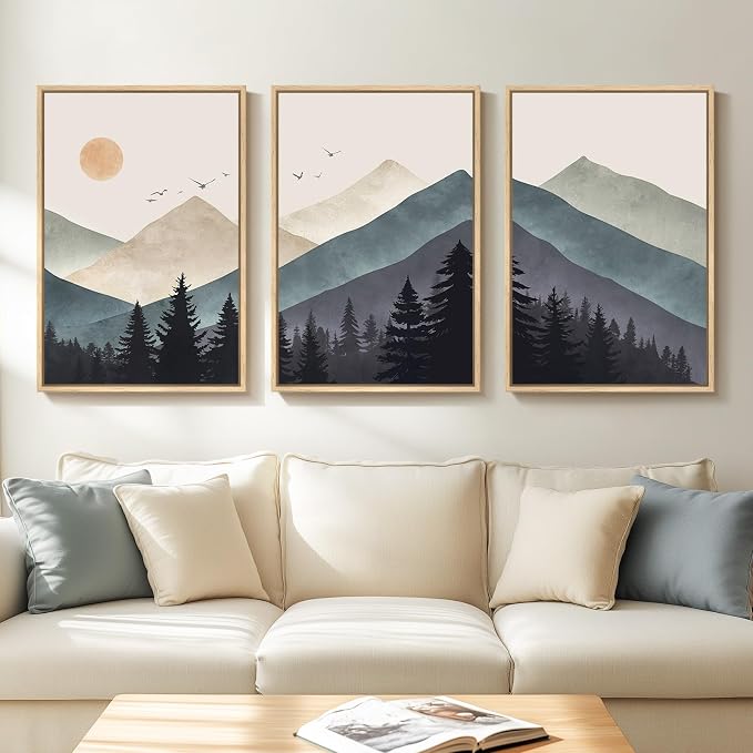Large Framed Boho Mountain Landscape Wall Art for Living Room, 24x36 Inch | 3 piece, Modern, Minimalist, Large, Canvas artwork, Pine tree picture, Dining room wall decor, Ready to hang, Wood frame