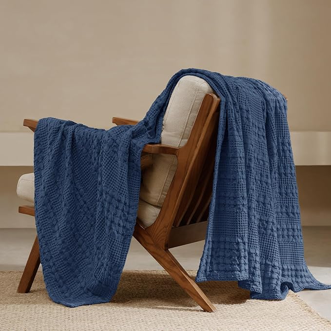 PHF Lightweight 100% Cotton Waffle Throw Blanket for Couch, Blue Sapphire | Pre-Washed Soft Cotton Comfort, Breathable Layering Warmth for Fall & Winter, Office, Travel, Sofa, Home Decor & Gifts