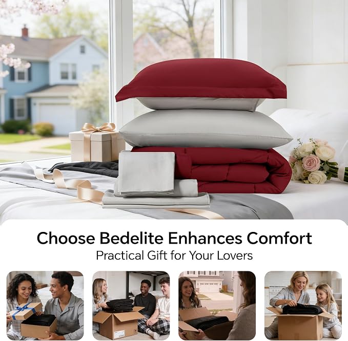 BEDELITE Twin Comforter Set 5 Pieces, Reversible Dark Red Bed in A Bag | Soft All Season Down-Alternative Comforter, Sheets, Pillowcases & Shams, OEKO-TEX Certified Bedding for Bedrrom, Guest Room
