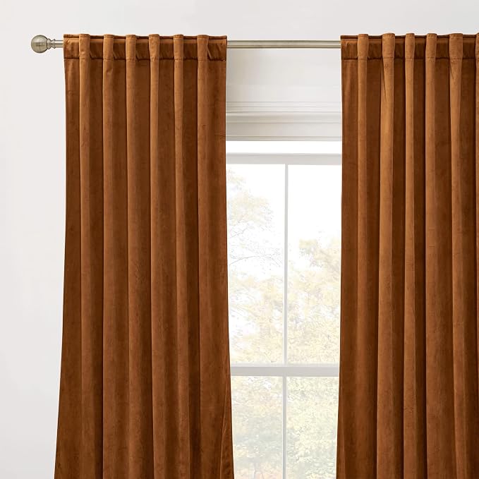 RYB HOME Velvet Curtains 120 inches Long, Extra Long High Ceiling Curtains | Thermal Insulated, Room Darkening, Luxury Decor for Villa Room Large Sliding Patior Door, Golden Oak, W52 x L120, 2 Panels