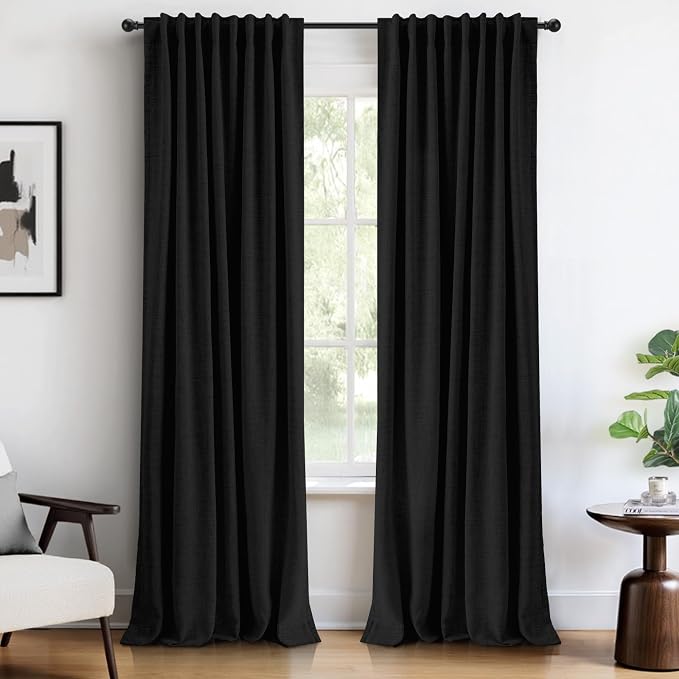 INOVADAY 100% Blackout Linen Curtains for Bedroom 50x63 Inches Black | Linen Textured, Light Blocking, Room Darkening, Thermal Insulated, Back Tab Top, Window Curtains for Living Room, 2 Panels