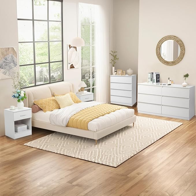 Vibe & Dine 4 Drawer Dresser, Modern Chest of Drawers Without Handle, Wooden Tall Nightstand for Bedroom, White