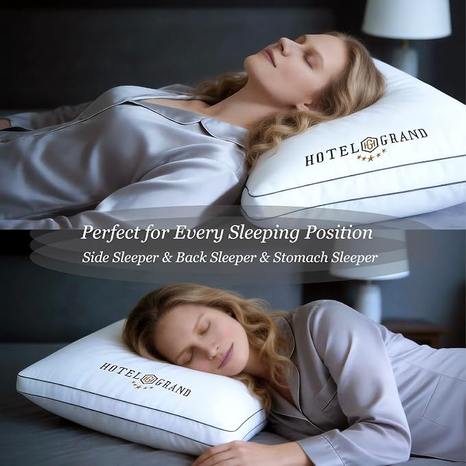 Hotel Grand Queen Pillows Set of 2, Gusseted Firm Support Down Alternative | Hotel Collection Pillows for Side, Back or Stomach Sleepers, 400 Thread Count 100% Cotton Cover, 18x28 Inches