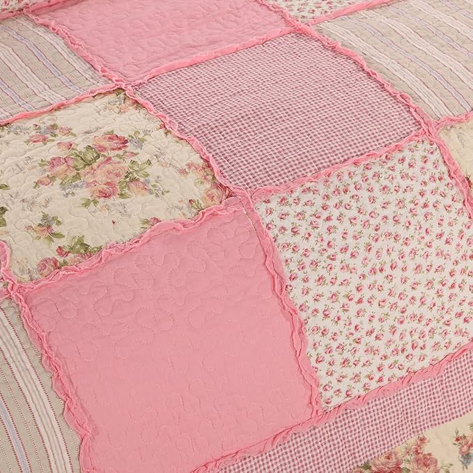 vctops 3 Piece Patchwork Floral Quilted Bedspread Quilt Set 100% Cotton Boho Ruffles Reversible Coverlet Set 1 Quilt and 2 Pillow Shams (Pink,Queen)