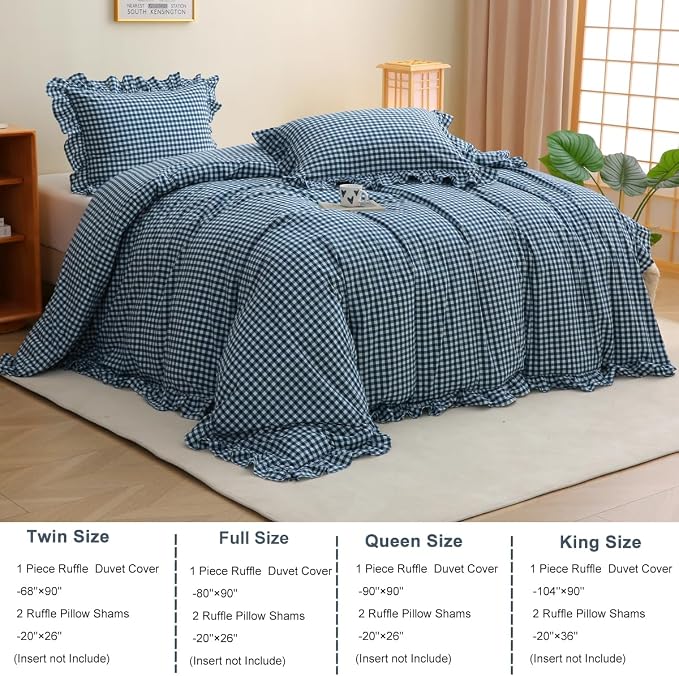 Silnuo Navy Blue/White Gingham Ruffle 3-Piece Duvet Cover Set Full Size | 100% Washed Cotton Shabby Plaid Checkered Bedding Set Vintage Comforter Cover Set