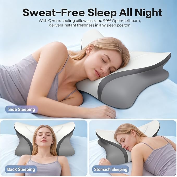 Pain Relief Cervical Neck Pillow, Ergonomic Contour | Q-Max Cooling | Non-Temperature Memory Foam | Side/Back/Stomach Sleeper Support for Sleeping, Reading, Scrolling,(White & Dark Grey)