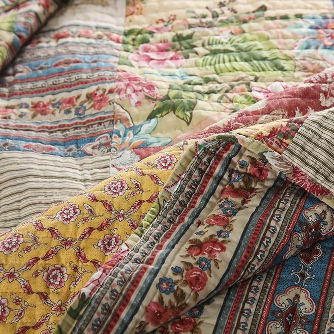 VISIMISI Cotton Bedspread Quilt Sets Reversible Bedding Coverlet Sets 3 Pieces Gorgeous Rustic Vintage Floral Red Yellow Patchwork Bedspread, Queen Size