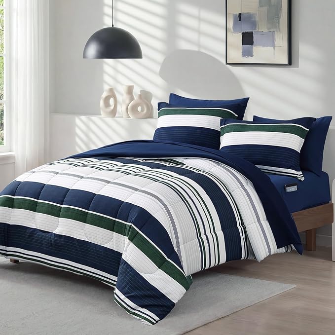 Monbix Full Size Comforter Sets - 7 Pieces Bed in a Bag Full Bedding Set | All Season Indigo Blue Striped Reversible Soft Comforter Bed Set with Sheets, Pillowcases & Shams