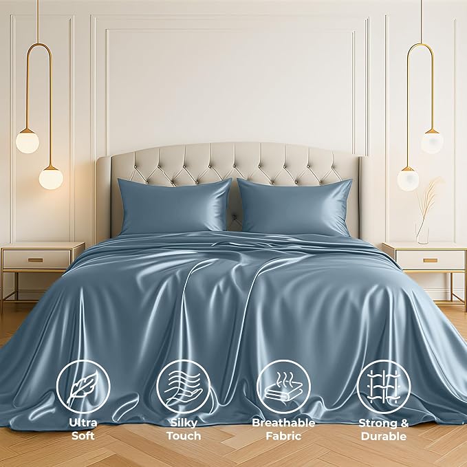 Satin Sheets Full [4-Piece, Skyblue] Hotel Luxury Silky Bed Sheets - Extra Soft 1800 Microfiber Sheet Set, Wrinkle, Fade, Stain Resistant - Deep Pocket Fitted Sheet, Flat Sheet, Pillow Cases