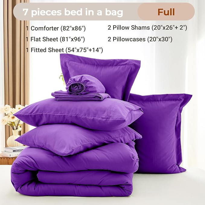 7 Pieces Full Comforter Set, Soft Bed in a Bag Full Size, All Season Bedding Set with Comforter, Flat Sheet, Fitted Sheet, Pillowcases & Shams, Purple