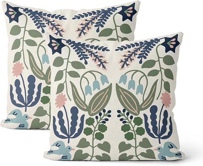 Navy Blue Boho Pillow Covers 16x16 Inch 2 Pcs Sage Green Floral Decor Throw Pillows Vintage Flower Seasonal Spring Summer Outdoor Decoration Pillowcase Linen Cushion Cover for Couch Sofa