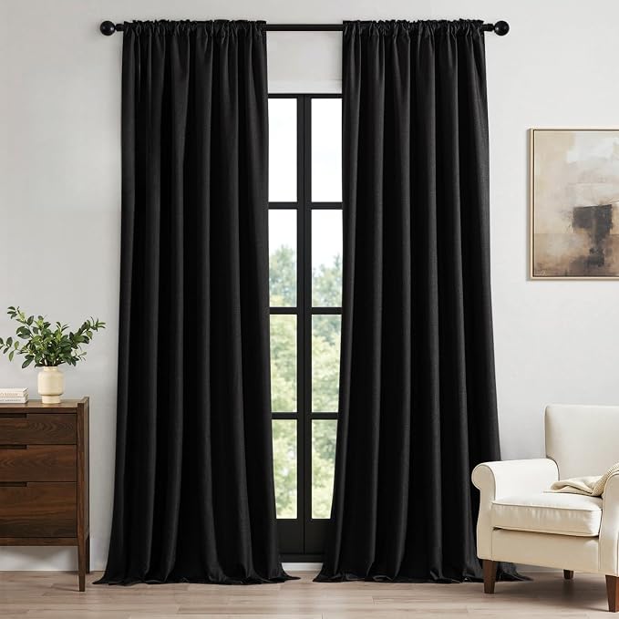 MIULEE 100% Blackout Back Tab Pleat Linen Curtains 50" Wx96 L,Black | 2 Panels,Thick Faux Linen,Floor to Ceiling,with Hooks,for Bedroom Living Room,Black Out,Room Darkening
