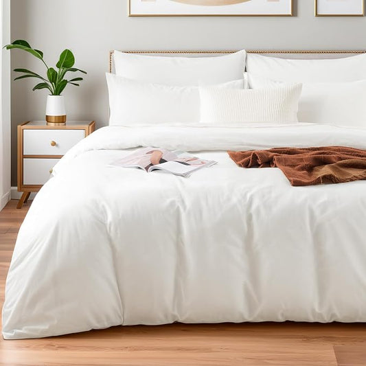 NEXHOME PRO Cotton Duvet Cover Twin Size Linen Look White Organic Natural 100% Washed Cotton Duvet Cover Set 2 Pieces Bedding Set with Zipper Closure and Corner Ties, Breathable(No Comforter)