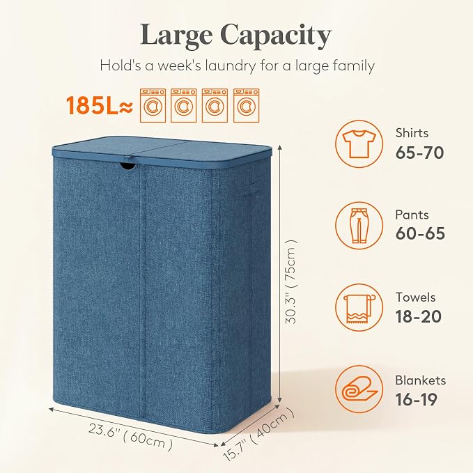 Lifewit 185L 3 Section Laundry Hamper with Lid, Laundry Basket, Dark Blue | Large Foldable Laundry Sorter with 3 Removable Bags, Tall Clothes Hamper for Bedroom and Bathroom