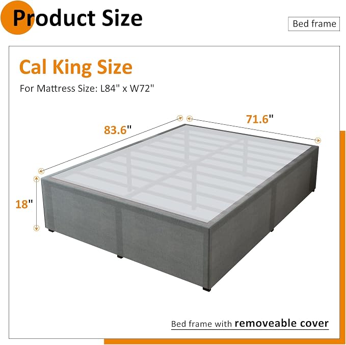 Maenizi California King Bed Frames with Fabric Cover, 18 Inch Heavy Duty Metal Platform Support Up to 3000 lbs with Steel Slat, No Box Spring Needed, Easy Assembly, Noise Free, Black