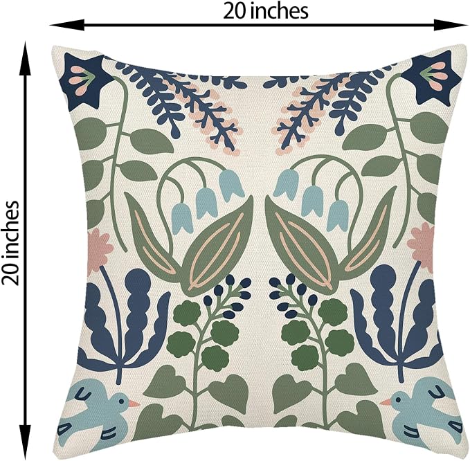 Navy Blue Boho Pillow Covers 20x20 Inch 2 Pcs Sage Green Floral Decor Throw Pillows Vintage Flower Seasonal Spring Summer Outdoor Decoration Pillowcase Linen Cushion Cover for Couch Sofa