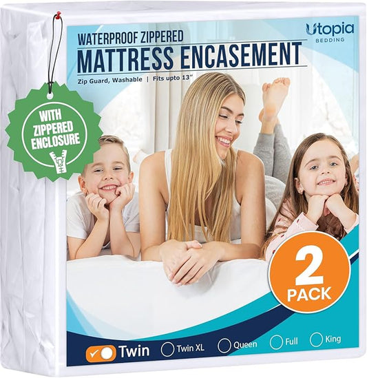 Utopia Bedding Mattress Protector Zippered Twin Size (Pack of 2), 100% Waterproof Bed Bug and Dust Mite Proof Mattress Encasement, Absorbent 6 Sided Mattress Cover