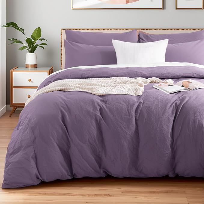 NEXHOME PRO King Duvet Cover Set, 100% Washed Cotton with Linen-Like Texture, Natural Organic, Breathable & Comfortable, Includes Home Bedding Set Dusty Purple (No Comforter) 10490