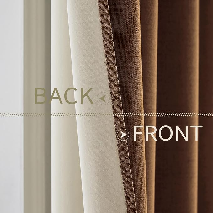 MIULEE 100% Blackout Linen Curtains for Bedroom 52x84 Inches Brown | Room Darkening, Light Blocking, Thermal Insulated, Grommet Top, Linen Textured, Fall Curtains for Living Room, 2 Panels