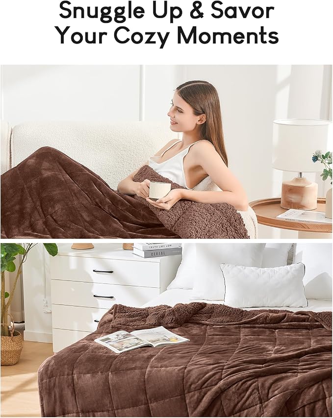 Cottonblue Fleece Weighted Blanket for Adults 15lbs Queen Size 60x80in Soft | Cozy Flannel Sherpa Weighted Blanket Throw for Calm Sleep Relax, Warm Shaggy Bed Sofa Couch Heavy Blanket, Chocolate Brown