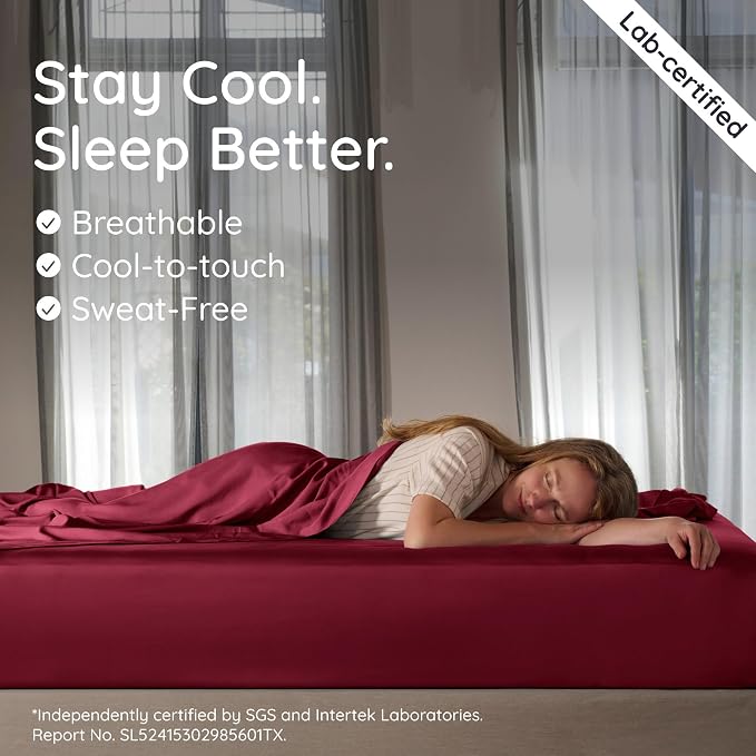 Bambaw 100% Viscose Derived from Bamboo Fitted Sheet Twin XL - Single Fitted Sheet Twin XL, Cooling, Soft & Breathable, Deep Pocket Fits Up to 15" Mattresses, Secure Fit with Elastic Straps (Burgundy)