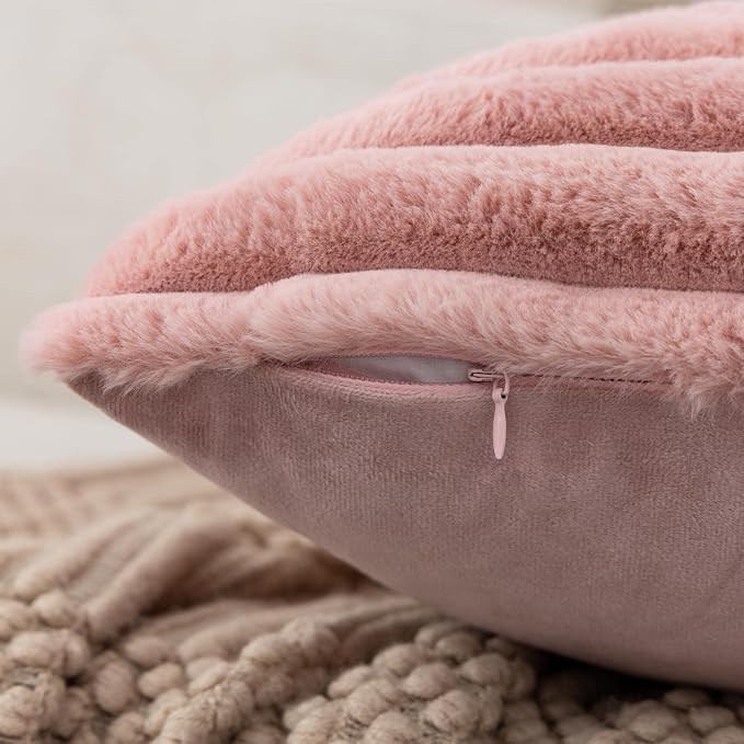 ZLINA Baby Pink Striped Faux Fur Throw Pillow Covers 26 x 26 Inch | 2‑Pack, boho striped pillow covers,velvet back,fuzzy plush cushion covers , for sofa bed livingroom home decor