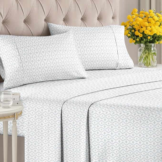 King 4 Piece Floral Sheet Set - Soft, Breathable & Cooling - Grey Damask | 1 Flat, 1 Fitted & 2 Pillowcases w/ Deep Pockets, Boho Botanical Floral Bedding, Breathable & Cooling, Wrinkle & Fade Free