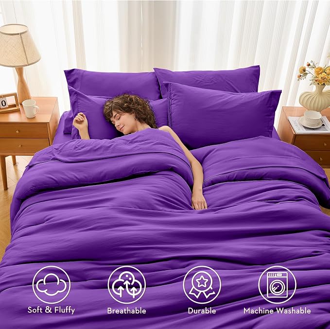 7 Pieces Full Comforter Set, Soft Bed in a Bag Full Size, All Season Bedding Set with Comforter, Flat Sheet, Fitted Sheet, Pillowcases & Shams, Purple