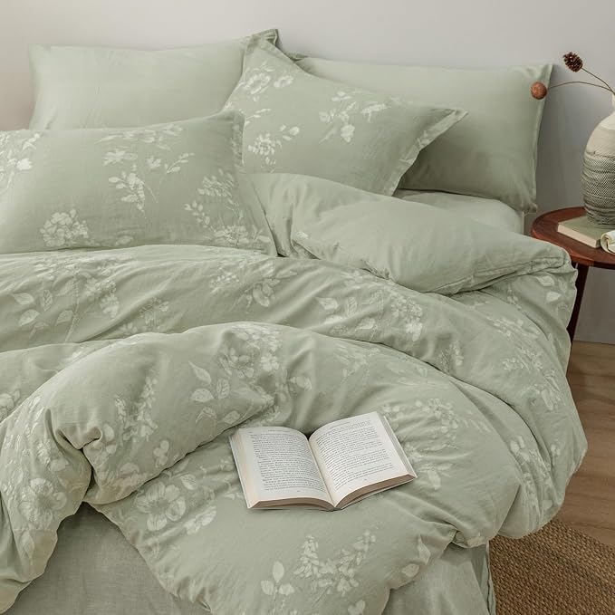 PHF Stone-Washed 100% Cotton Duvet Cover King Size, 104"x90", Dusty Sage | Elegant Floral Jacquard Woven, Ultra Soft Breathable All Season Bedding Set for Adults, 3pcs with 2 Pillow Shams, No Filling