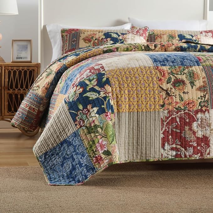 VISIMISI Cotton Bedspread Quilt Sets Reversible Bedding Coverlet Sets 3 Pieces Gorgeous Rustic Vintage Floral Red Yellow Patchwork Bedspread, Queen Size