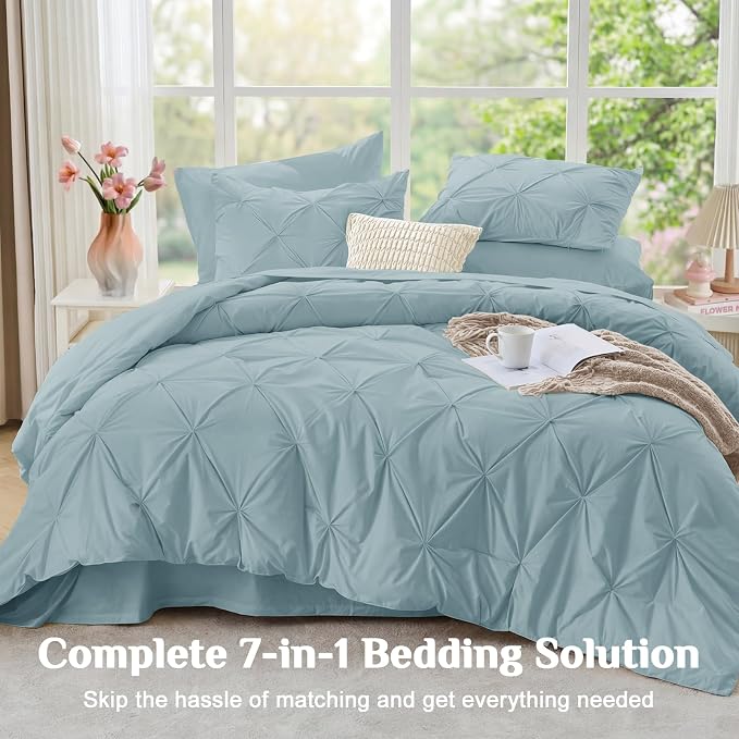 JOLLYVOGUE Full Size Comforter Sets 7 Pieces - Bed in a Bag Full for All Season, Pintuck Bedding Comforter Sets with Comforter, Flat Sheet, Fitted Sheet and Pillowcases & Shams, Greyish Blue