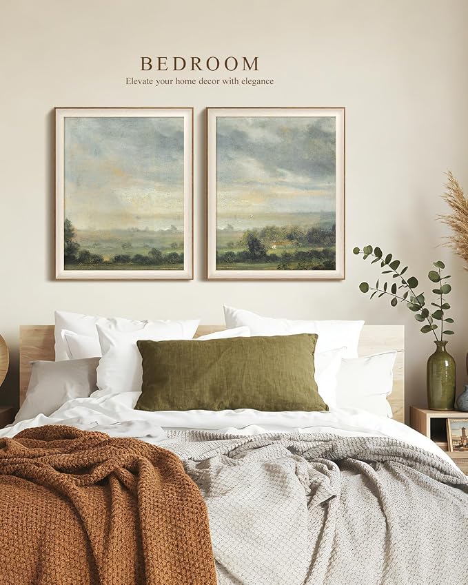 VIYYIEA Framed Vintage Landscape Wall Art Set of 2, Rustic Pastoral Countryside Canvas Painting Print, Moody Impressionist Decor for Living Room Bedroom, 16x20 Inch