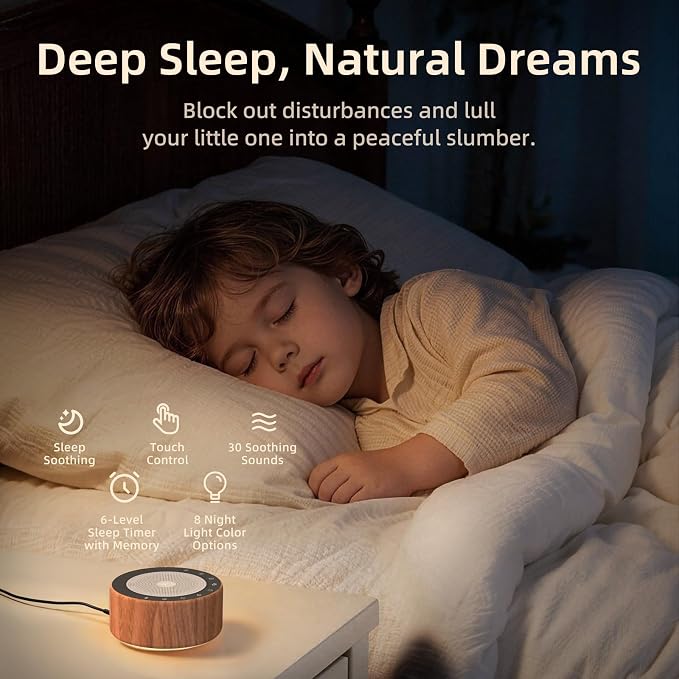 Kipcush White Noise Machine for Baby & Adults, 30 Soothing Sounds, Soft Non-Glare Nursery Lamp, 8 Color Night Lights, Memory Function (Angel V5 Wooden, Standard)