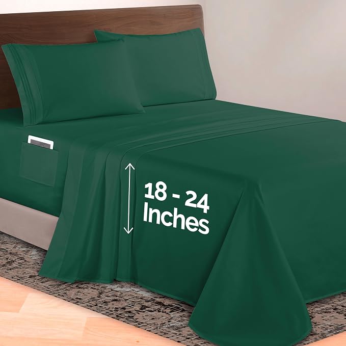 Elegant Comfort Luxurious 1500 Premium Hotel Quality Microfiber 4-Piece Sheet Set, 18-24 Inches Deep - Extra Deep Pocket Sheets - Ultra Soft 4PC Deep Pocket Sheets, Queen, Hunter Green