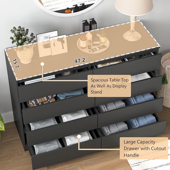 Vibe & Dine 8 Drawer Double Dressser, Modern Chest of Drawers with Wide Storage for Closet, Bedroom, Living Room, Black