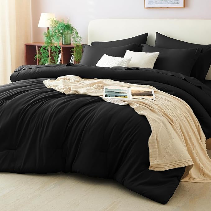 Queen Comforter Set Black, 7 Pieces Bed in a Bag | OEKO-TEX Certified, All-Season, Bedroom, 240GSM Down Alternative Comforter, Flat & Fitted Sheets, 2 Pillowcases & 2 Shams