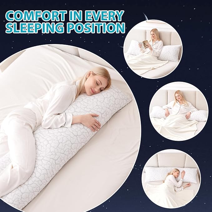 Cooling Body Pillow for Side Sleeper, Long Pillow for Bed, 20x54 in | Shredded Memory Foam, Adjustable Loft, Removable Washable Cover, Side Sleepers & Back Pain Relief