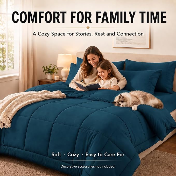 King Size Comforter Set Lyons Blue - 7 Pieces Bed in a Bag | OEKO-TEX Certified, All-Season, Bedroom, Guest Room, Down-Alternative Comforter + Flat & Fitted Sheets + 4 Pillowcases