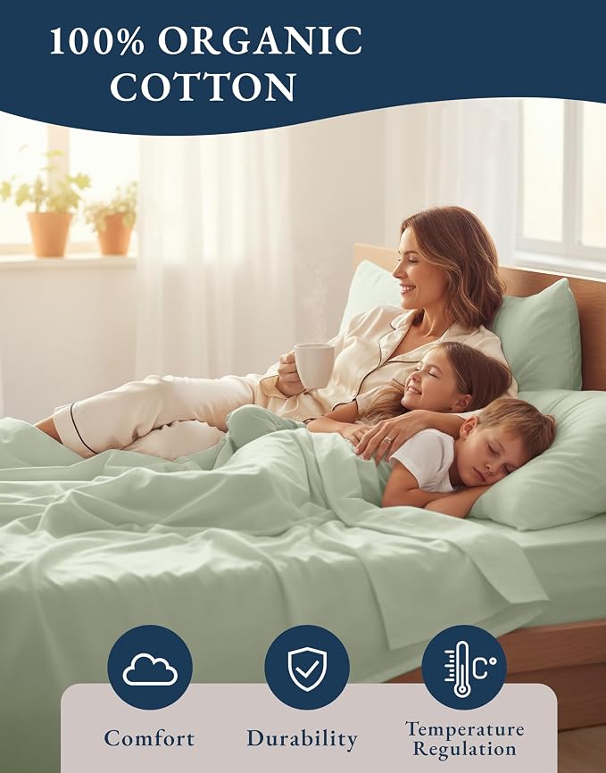 LANE LINEN 100% Organic Cotton Twin Sheets, Soft & Comfy Percale Weave Mercerized Fully Elasticized Reinforsed Seam Naturally Temperature Regulating Cotton Sheets Twin- Mineral