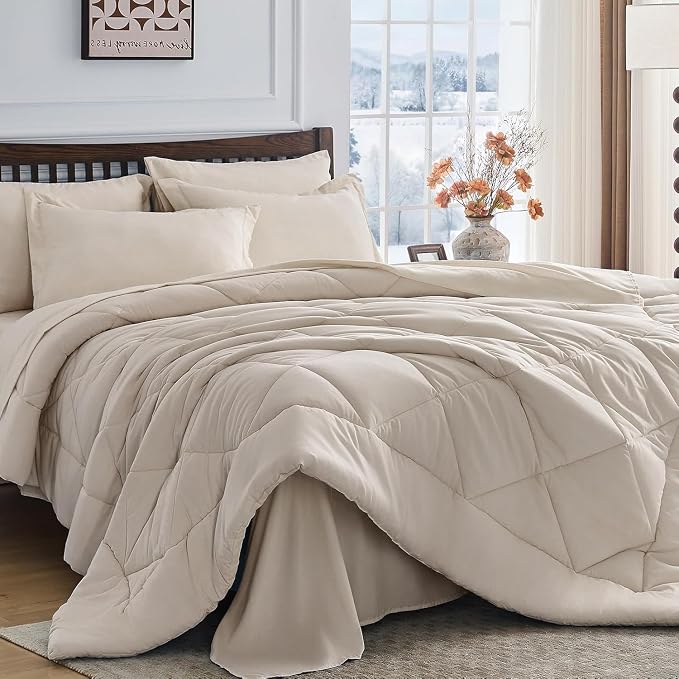 7-Piece Oversized King Comforter Set, Beige | Reversible, All-Season, Soft, 7 Piece Set, All-Season Reversible Bed in a Bag, Flat Sheet, Fitted Sheet, Pillowcases