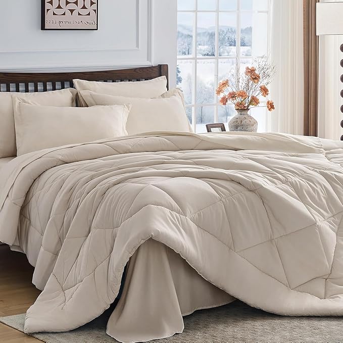 7-Piece Oversized Queen Comforter Set, Beige | Reversible, All-Season, Soft, 7 Piece Set, All-Season Reversible Bed in a Bag, Flat Sheet, Fitted Sheet, Pillowcases